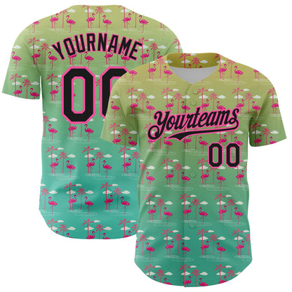 Custom Green Black-Pink 3D Pattern Design Tropical Hawaii Palm Trees And Flamingo Authentic Baseball Jersey - Sky-Custom
