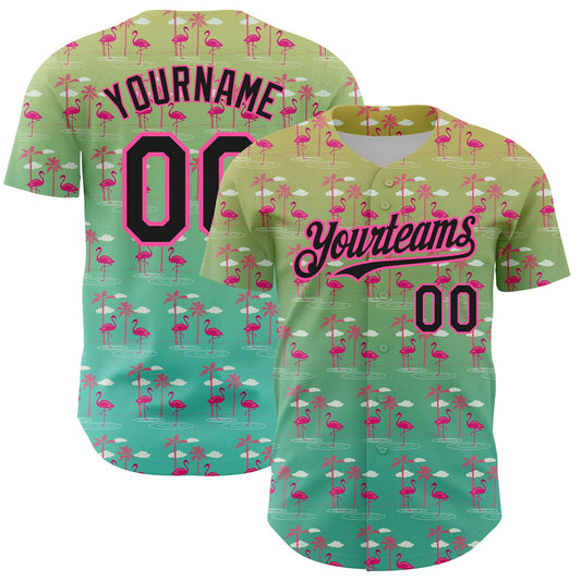 Custom Green Black-Pink 3D Pattern Design Tropical Hawaii Palm Trees And Flamingo Authentic Baseball Jersey - Sky-Custom