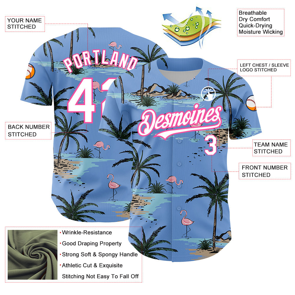 Custom Light Blue White-Pink 3D Pattern Design Tropical Hawaii Palm Trees Authentic Baseball Jersey - Sky-Custom
