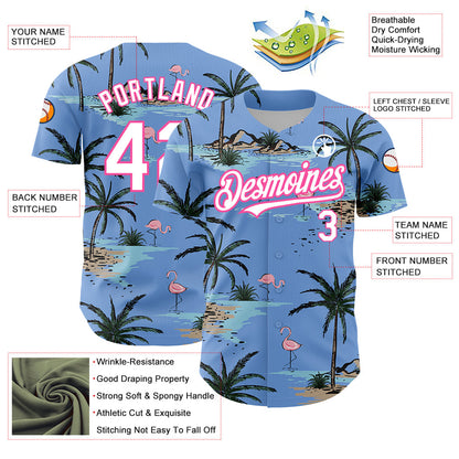 Custom Light Blue White-Pink 3D Pattern Design Tropical Hawaii Palm Trees Authentic Baseball Jersey - Sky-Custom