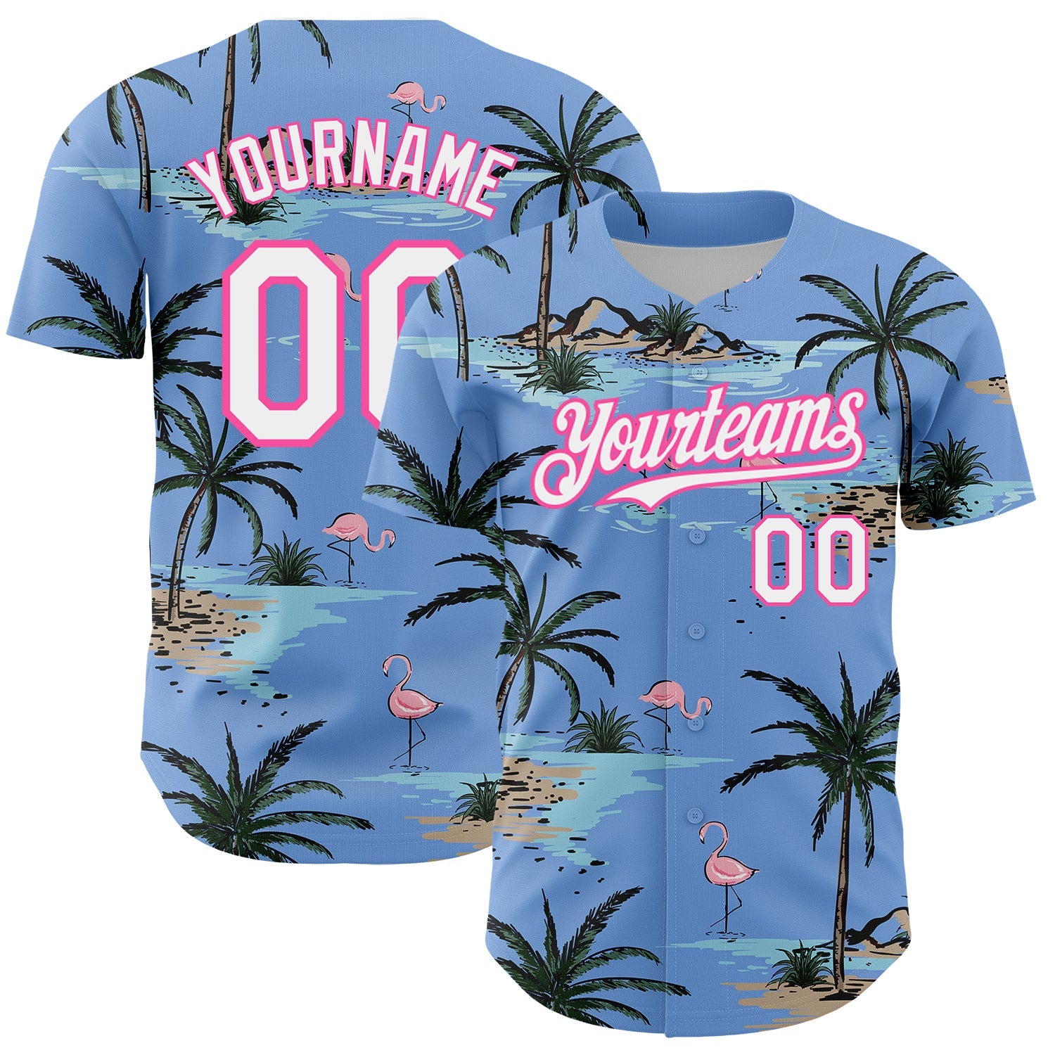 Custom Light Blue White-Pink 3D Pattern Design Tropical Hawaii Palm Trees Authentic Baseball Jersey - Sky-Custom