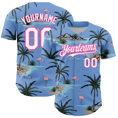 Custom Light Blue White-Pink 3D Pattern Design Tropical Hawaii Palm Trees Authentic Baseball Jersey - Sky-Custom