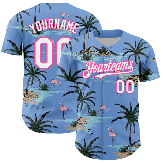 Custom Light Blue White-Pink 3D Pattern Design Tropical Hawaii Palm Trees Authentic Baseball Jersey - Sky-Custom