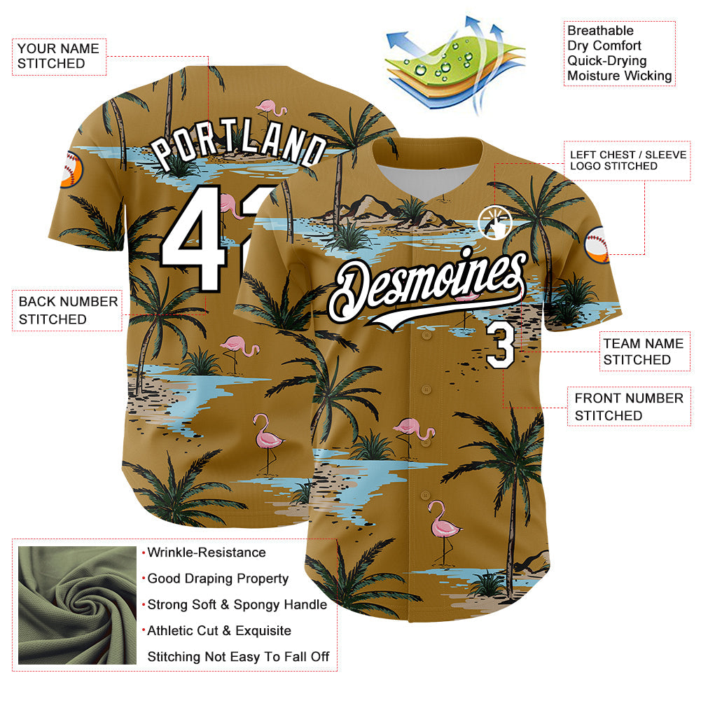 Custom Old Gold White-Black 3D Pattern Design Tropical Hawaii Palm Trees Authentic Baseball Jersey - Sky-Custom