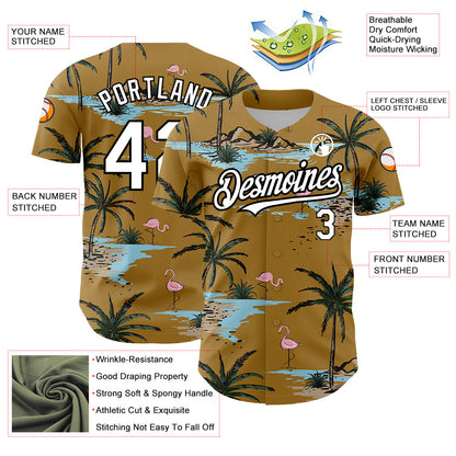 Custom Old Gold White-Black 3D Pattern Design Tropical Hawaii Palm Trees Authentic Baseball Jersey - Sky-Custom