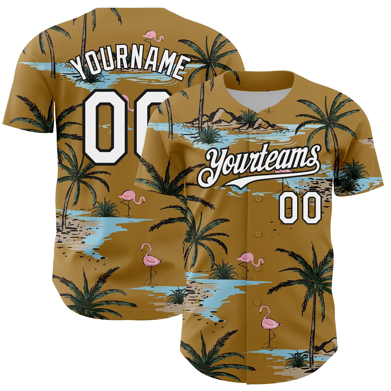 Custom Old Gold White-Black 3D Pattern Design Tropical Hawaii Palm Trees Authentic Baseball Jersey - Sky-Custom
