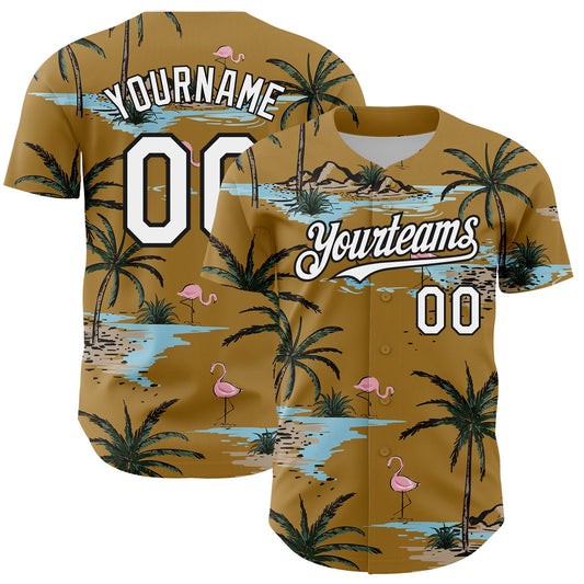 Custom Old Gold White-Black 3D Pattern Design Tropical Hawaii Palm Trees Authentic Baseball Jersey - Sky-Custom