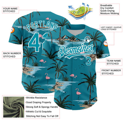 Custom Teal White 3D Pattern Design Tropical Hawaii Palm Trees Authentic Baseball Jersey - Sky-Custom