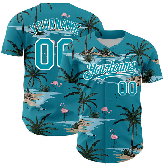 Custom Teal White 3D Pattern Design Tropical Hawaii Palm Trees Authentic Baseball Jersey - Sky-Custom