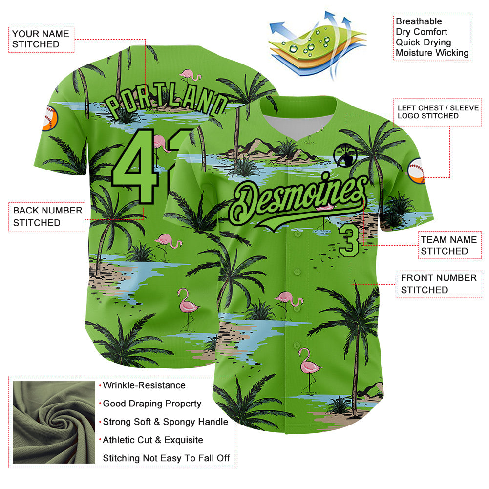 Custom Neon Green Black 3D Pattern Design Tropical Hawaii Palm Trees Authentic Baseball Jersey - Sky-Custom