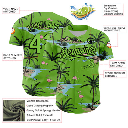 Custom Neon Green Black 3D Pattern Design Tropical Hawaii Palm Trees Authentic Baseball Jersey - Sky-Custom