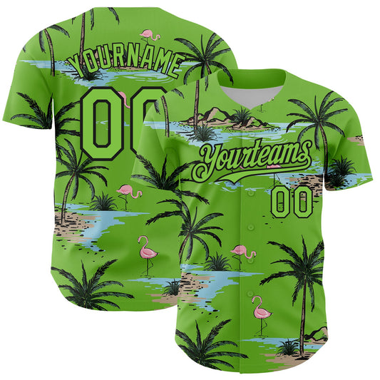 Custom Neon Green Black 3D Pattern Design Tropical Hawaii Palm Trees Authentic Baseball Jersey - Sky-Custom