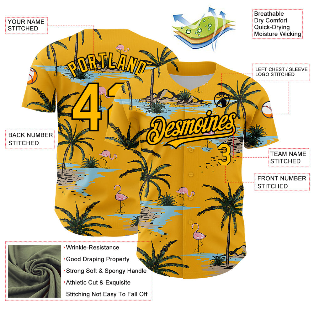 Custom Yellow Black 3D Pattern Design Tropical Hawaii Palm Trees Authentic Baseball Jersey - Sky-Custom