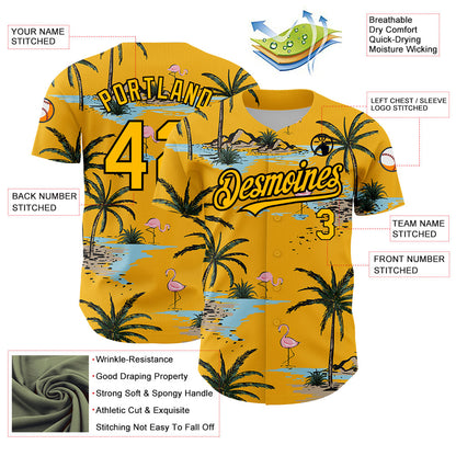 Custom Yellow Black 3D Pattern Design Tropical Hawaii Palm Trees Authentic Baseball Jersey - Sky-Custom