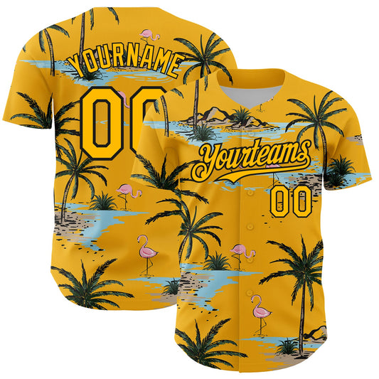 Custom Yellow Black 3D Pattern Design Tropical Hawaii Palm Trees Authentic Baseball Jersey - Sky-Custom