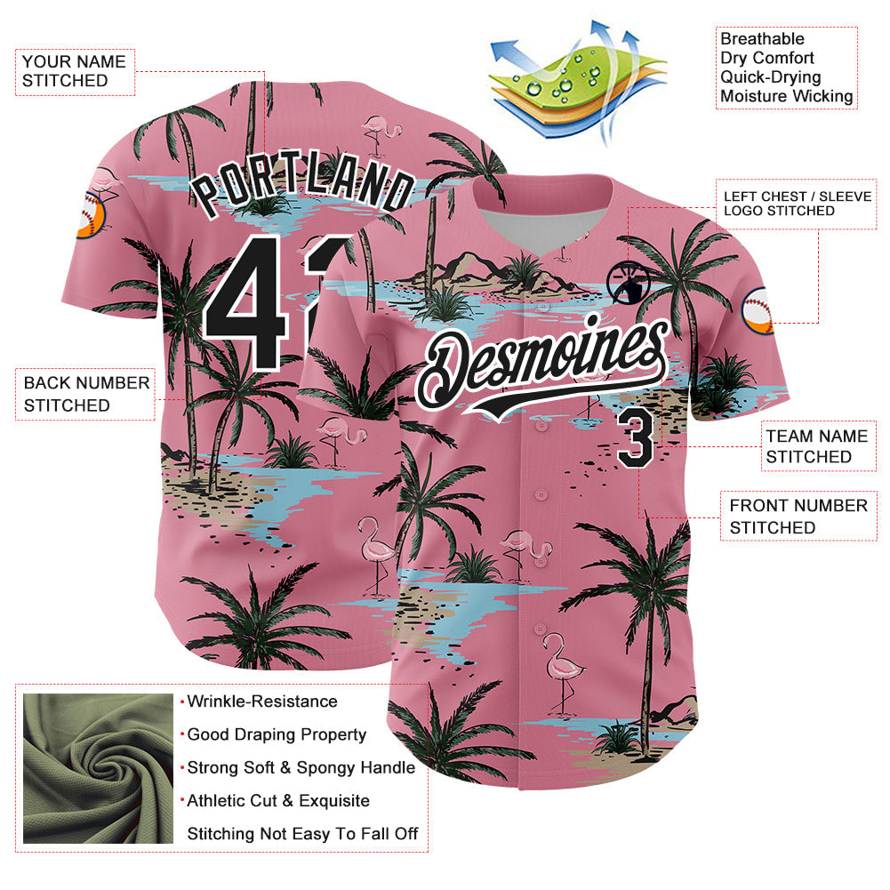 Custom Medium Pink Black-White 3D Pattern Design Tropical Hawaii Palm Trees Authentic Baseball Jersey - Sky-Custom