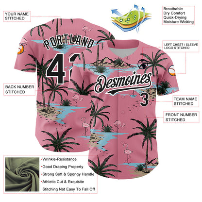 Custom Medium Pink Black-White 3D Pattern Design Tropical Hawaii Palm Trees Authentic Baseball Jersey - Sky-Custom