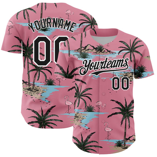 Custom Medium Pink Black-White 3D Pattern Design Tropical Hawaii Palm Trees Authentic Baseball Jersey - Sky-Custom
