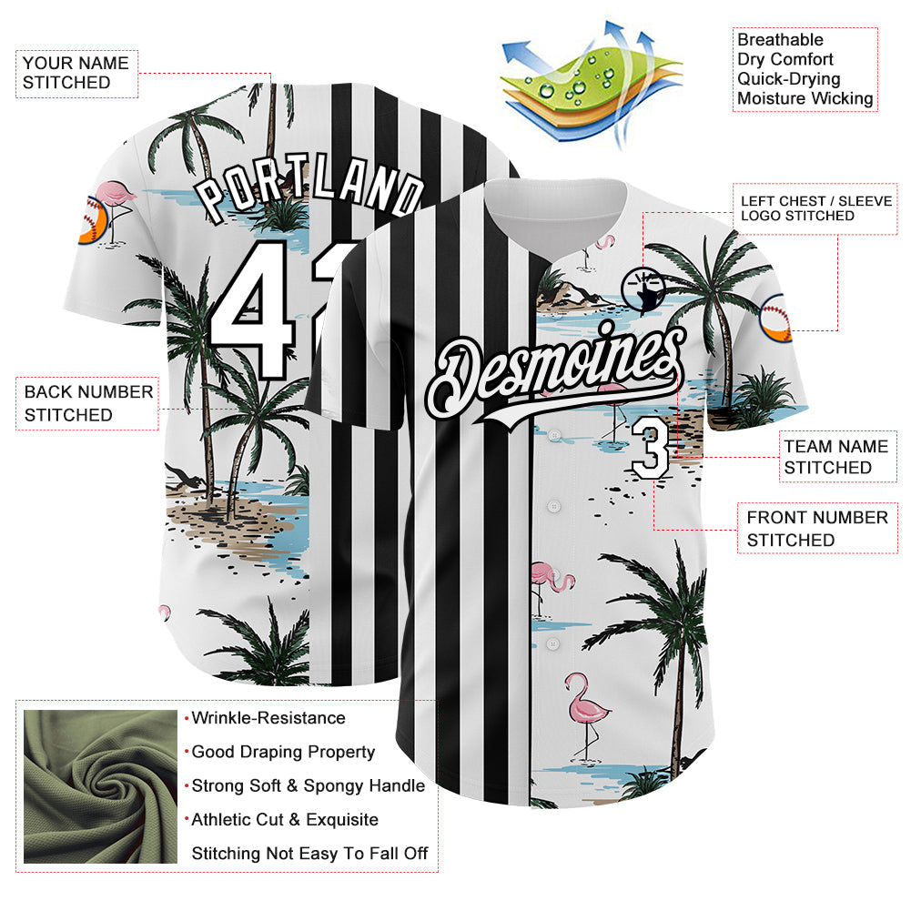 Custom White Black 3D Pattern Design Tropical Hawaii Palm Trees Authentic Baseball Jersey - Sky-Custom