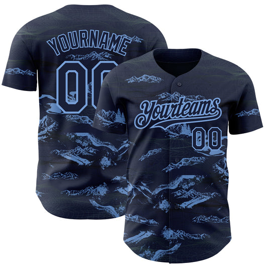 Custom Navy Light Blue 3D Pattern Design Mountain Authentic Baseball Jersey - Sky-Custom