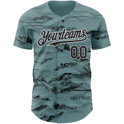 Custom Green Black Gray 3D Pattern Design Mountain Authentic Baseball Jersey - Sky-Custom