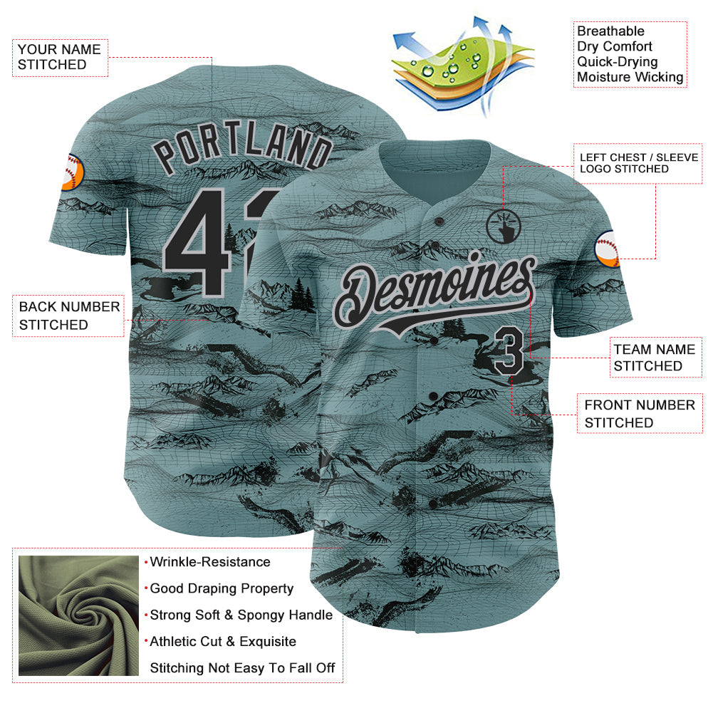 Custom Green Black Gray 3D Pattern Design Mountain Authentic Baseball Jersey - Sky-Custom