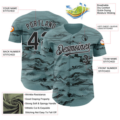 Custom Green Black Gray 3D Pattern Design Mountain Authentic Baseball Jersey - Sky-Custom