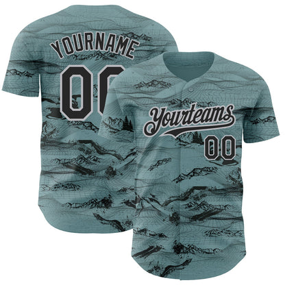 Custom Green Black Gray 3D Pattern Design Mountain Authentic Baseball Jersey - Sky-Custom