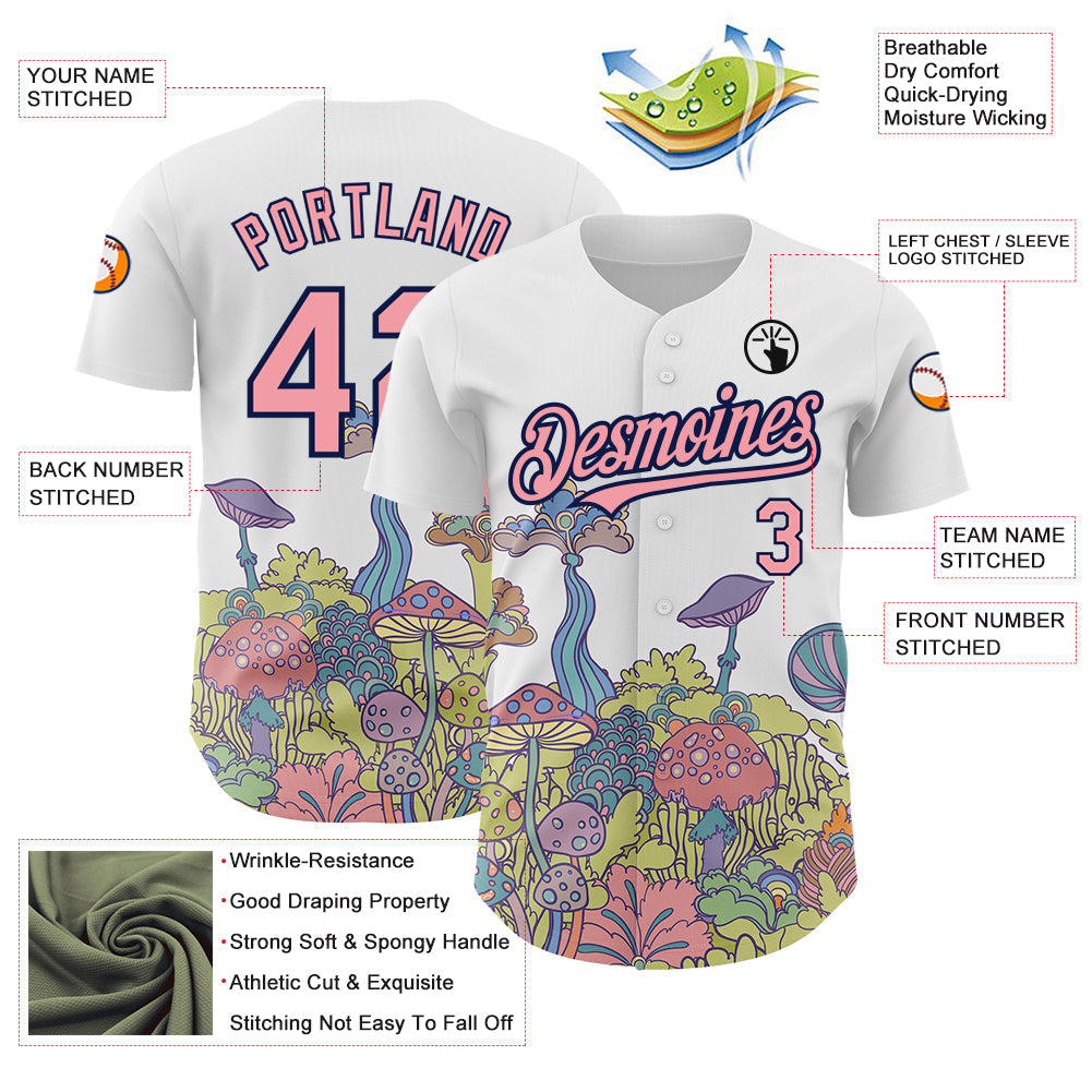 Custom White Medium Pink-Navy 3D Pattern Design Colorful Flowers And Mushrooms Psychedelic Hallucination Authentic Baseball Jersey - Sky-Custom