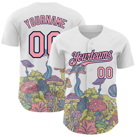 Custom White Medium Pink-Navy 3D Pattern Design Colorful Flowers And Mushrooms Psychedelic Hallucination Authentic Baseball Jersey - Sky-Custom