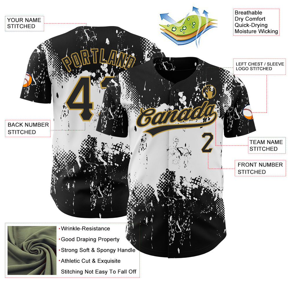 Custom Black White-Old Gold 3D Pattern Design Abstract Splatter Grunge Art Authentic Baseball Jersey - Sky-Custom