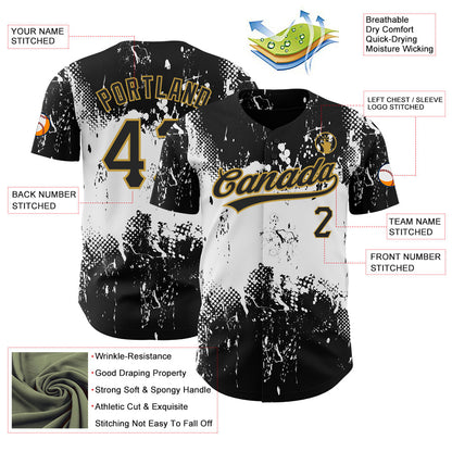 Custom Black White-Old Gold 3D Pattern Design Abstract Splatter Grunge Art Authentic Baseball Jersey - Sky-Custom