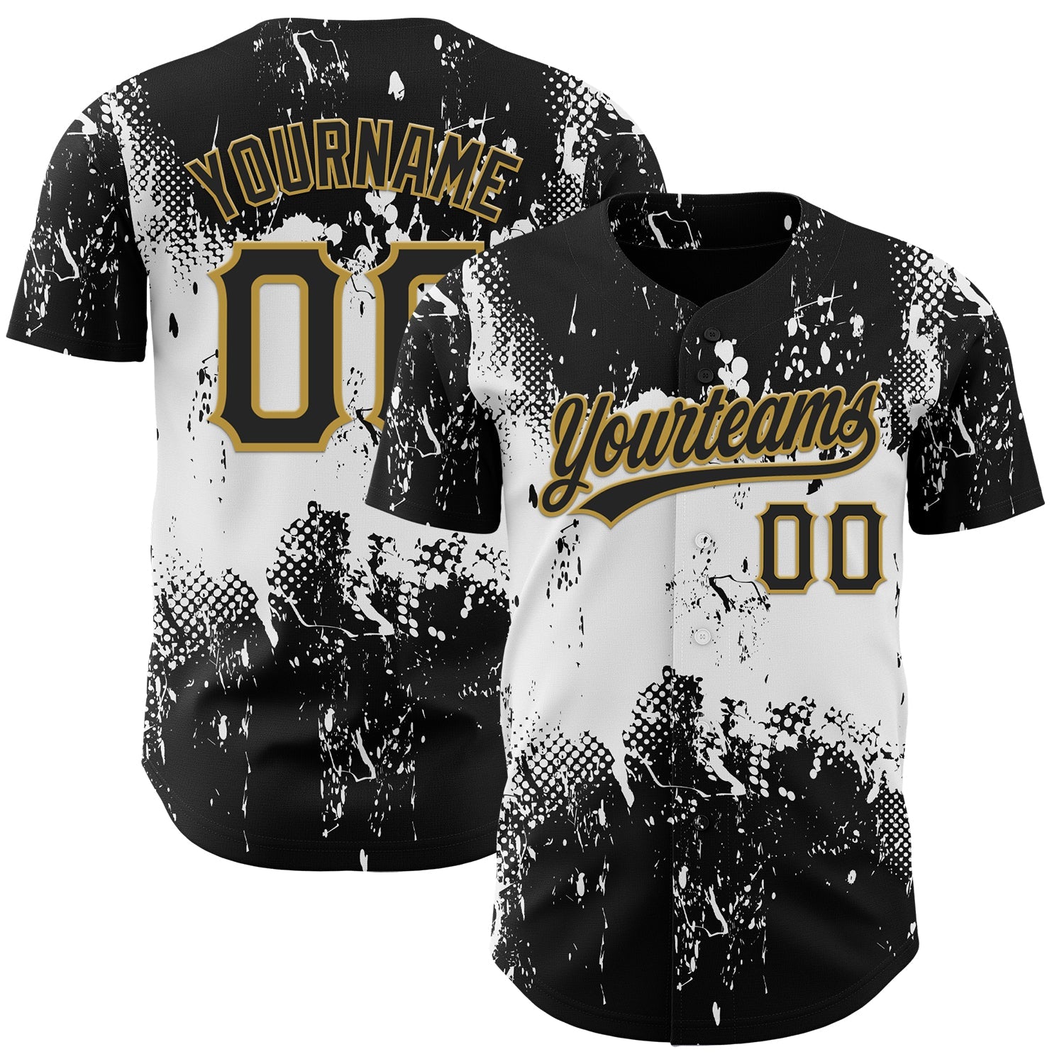 Custom Black White-Old Gold 3D Pattern Design Abstract Splatter Grunge Art Authentic Baseball Jersey - Sky-Custom
