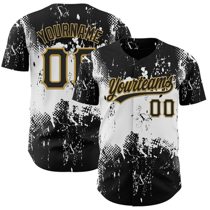 Custom Black White-Old Gold 3D Pattern Design Abstract Splatter Grunge Art Authentic Baseball Jersey - Sky-Custom