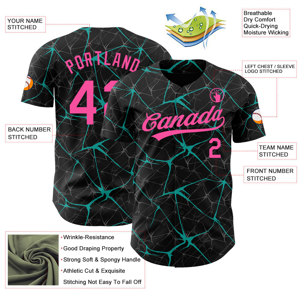 Custom Black Pink-Aqua 3D Pattern Design Abstract Network Authentic Baseball Jersey - Sky-Custom