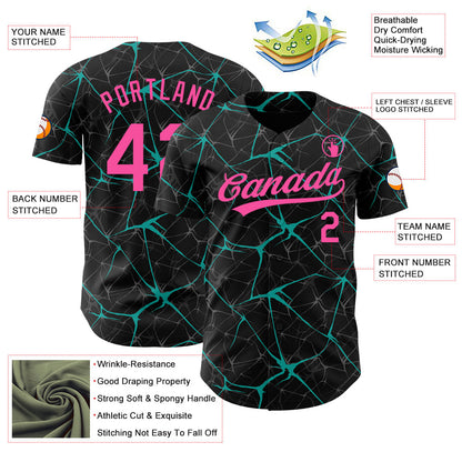 Custom Black Pink-Aqua 3D Pattern Design Abstract Network Authentic Baseball Jersey - Sky-Custom