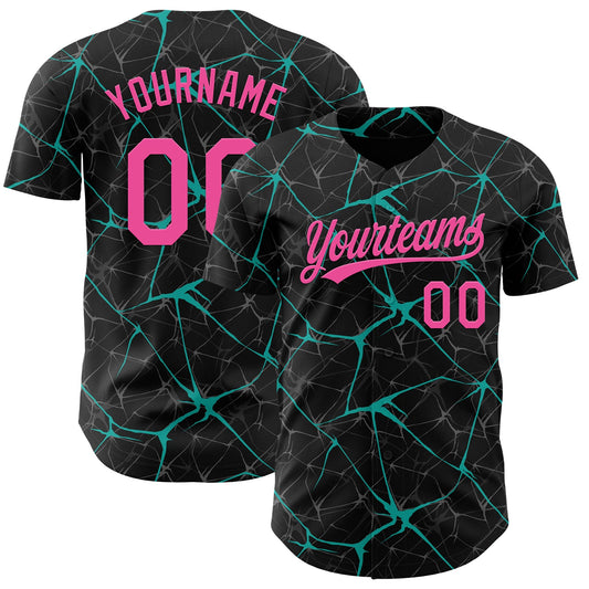 Custom Black Pink-Aqua 3D Pattern Design Abstract Network Authentic Baseball Jersey - Sky-Custom