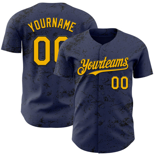 Custom Navy Gold-Black 3D Pattern Design Abstract Splatter Texture Authentic Baseball Jersey - Sky-Custom