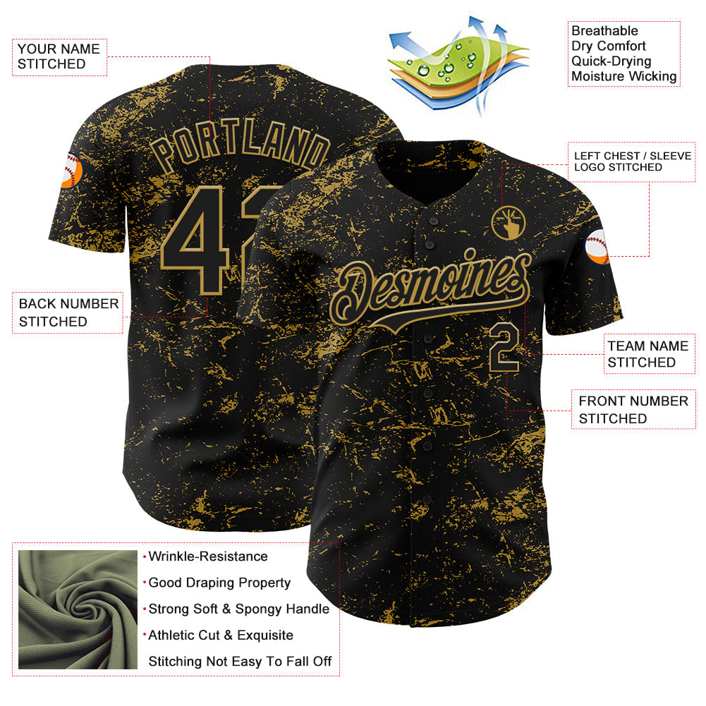 Custom Black Old Gold 3D Pattern Design Abstract Splatter Texture Authentic Baseball Jersey - Sky-Custom