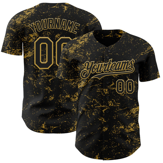 Custom Black Old Gold 3D Pattern Design Abstract Splatter Texture Authentic Baseball Jersey - Sky-Custom