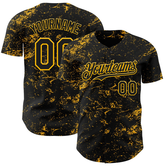 Custom Black Gold 3D Pattern Design Abstract Splatter Texture Authentic Baseball Jersey - Sky-Custom