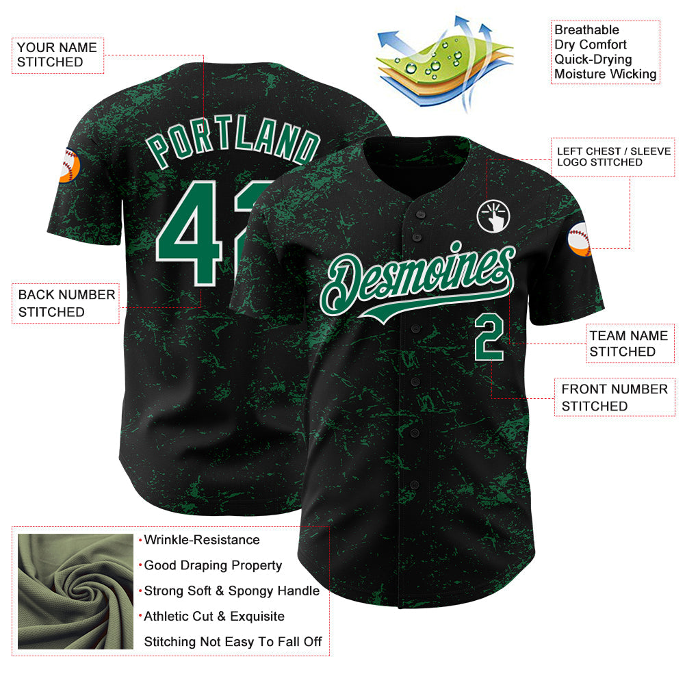 Custom Black Kelly Green-White 3D Pattern Design Abstract Splatter Texture Authentic Baseball Jersey - Sky-Custom