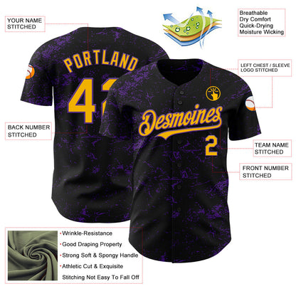 Custom Black Gold-Purple 3D Pattern Design Abstract Splatter Texture Authentic Baseball Jersey - Sky-Custom
