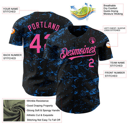 Custom Black Pink-Electric Blue 3D Pattern Design Abstract Splatter Texture Authentic Baseball Jersey - Sky-Custom