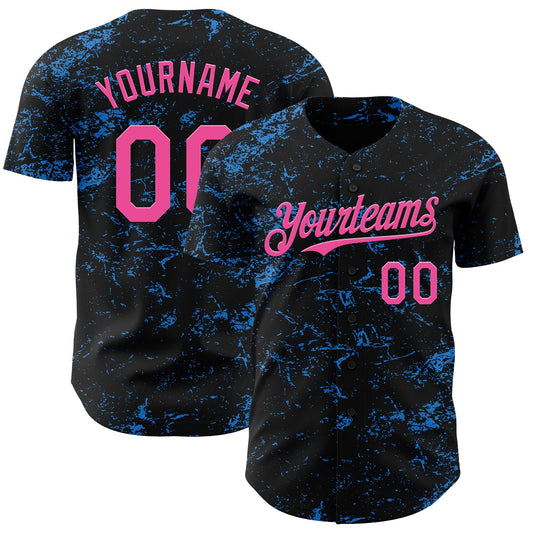 Custom Black Pink-Electric Blue 3D Pattern Design Abstract Splatter Texture Authentic Baseball Jersey - Sky-Custom