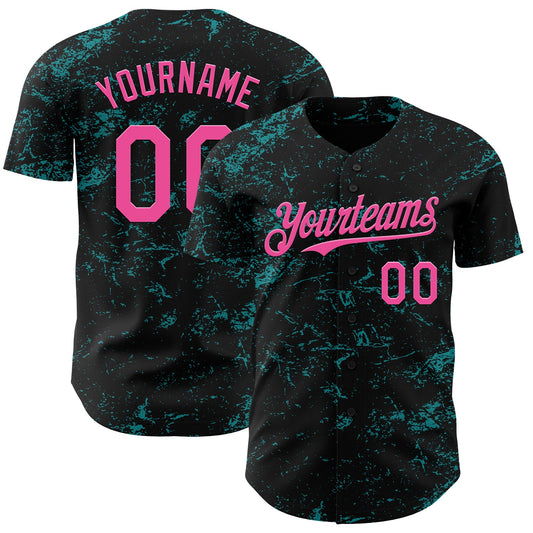 Custom Black Pink-Teal 3D Pattern Design Abstract Splatter Texture Authentic Baseball Jersey - Sky-Custom