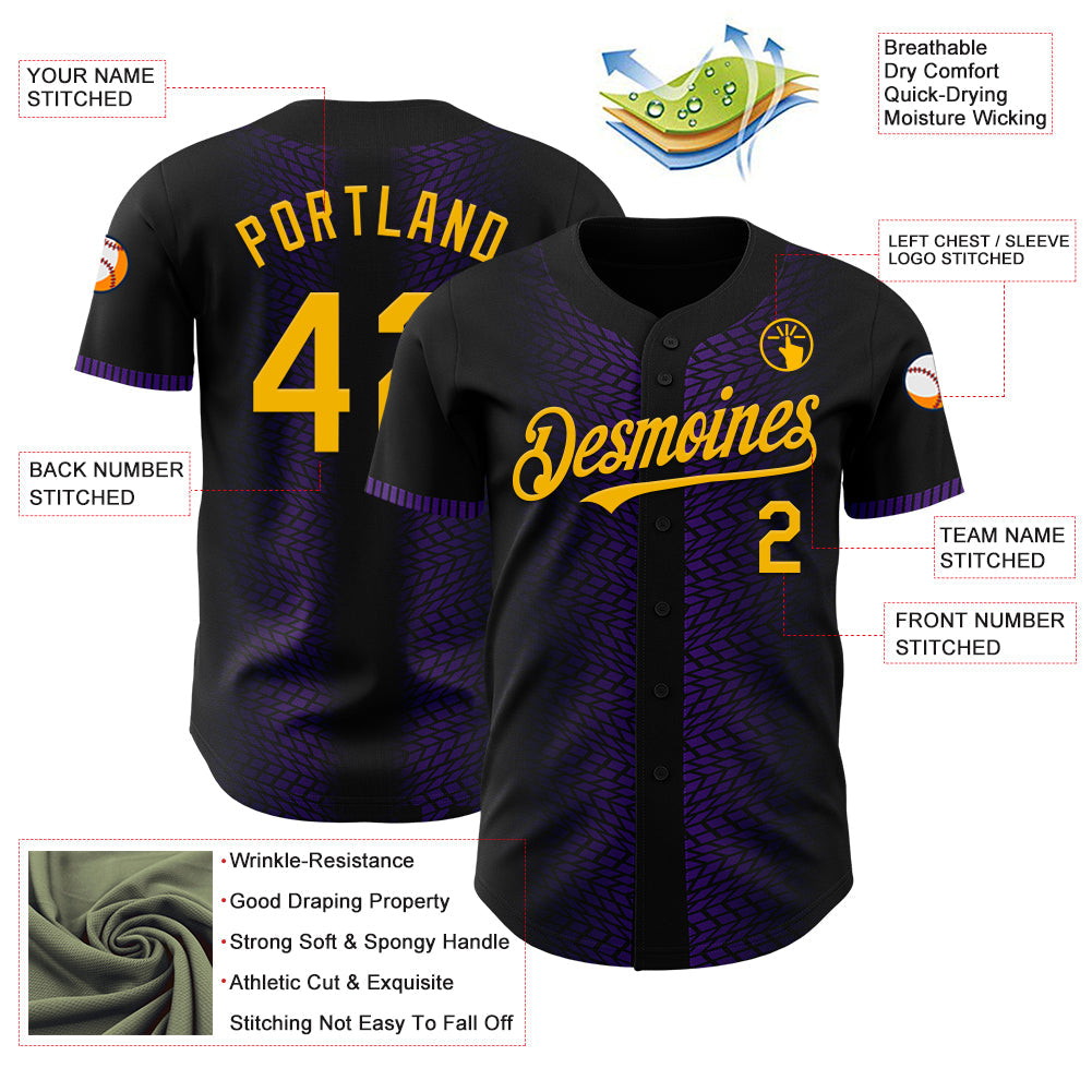Custom Black Gold-Purple 3D Pattern Design Geometric Shapes Authentic Baseball Jersey - Sky-Custom