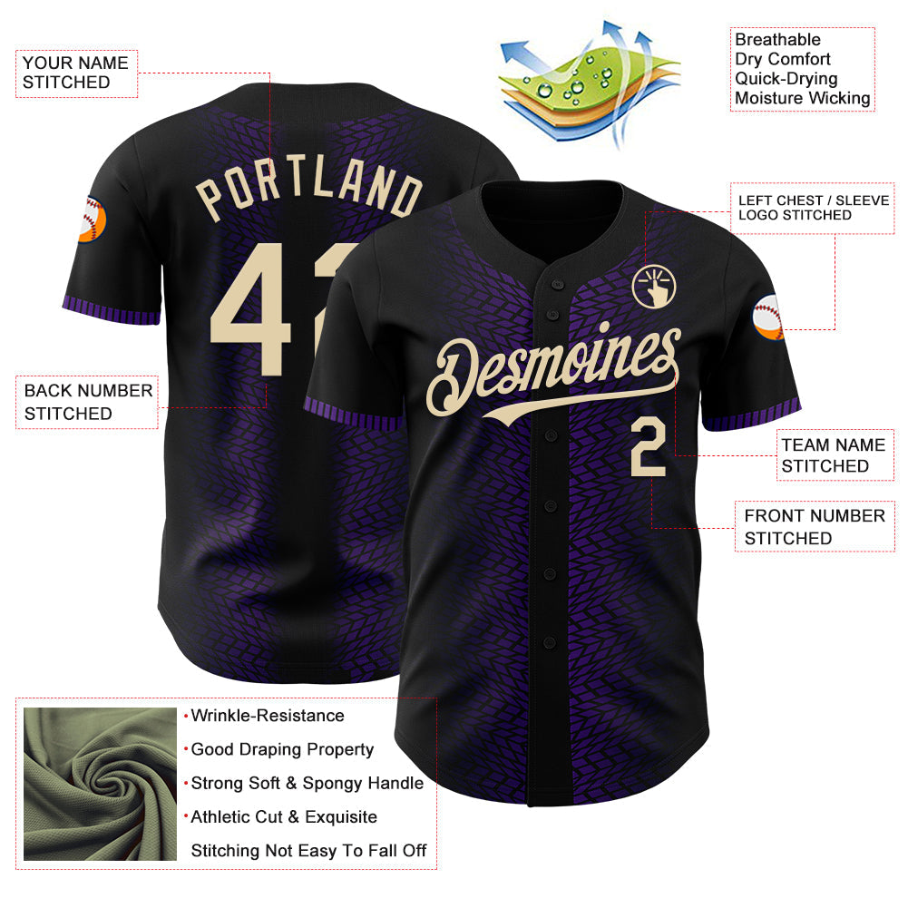 Custom Black Cream-Purple 3D Pattern Design Geometric Shapes Authentic Baseball Jersey - Sky-Custom