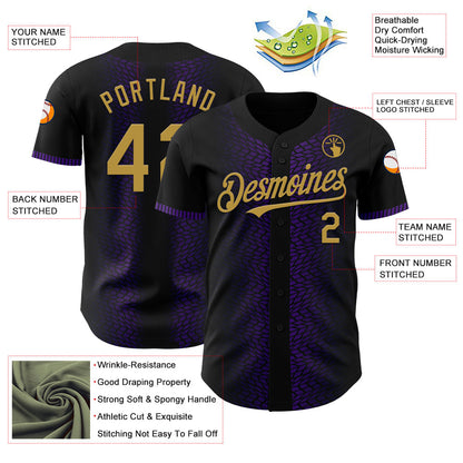 Custom Black Old Gold-Purple 3D Pattern Design Geometric Shapes Authentic Baseball Jersey - Sky-Custom