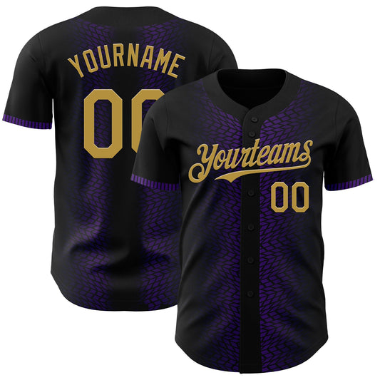 Custom Black Old Gold-Purple 3D Pattern Design Geometric Shapes Authentic Baseball Jersey - Sky-Custom